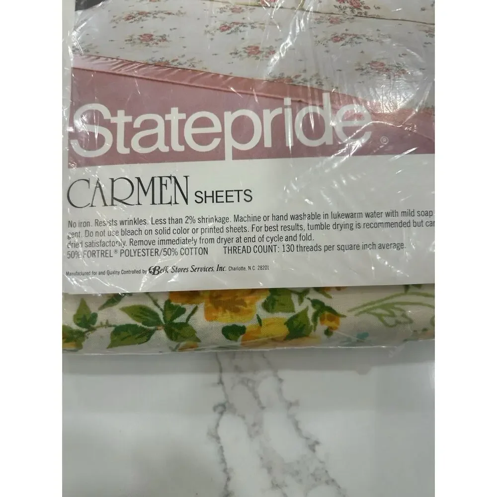 Vtg 1980s NOS Statepride Carmen Gold Floral Complete King Sheet Set Floral USA